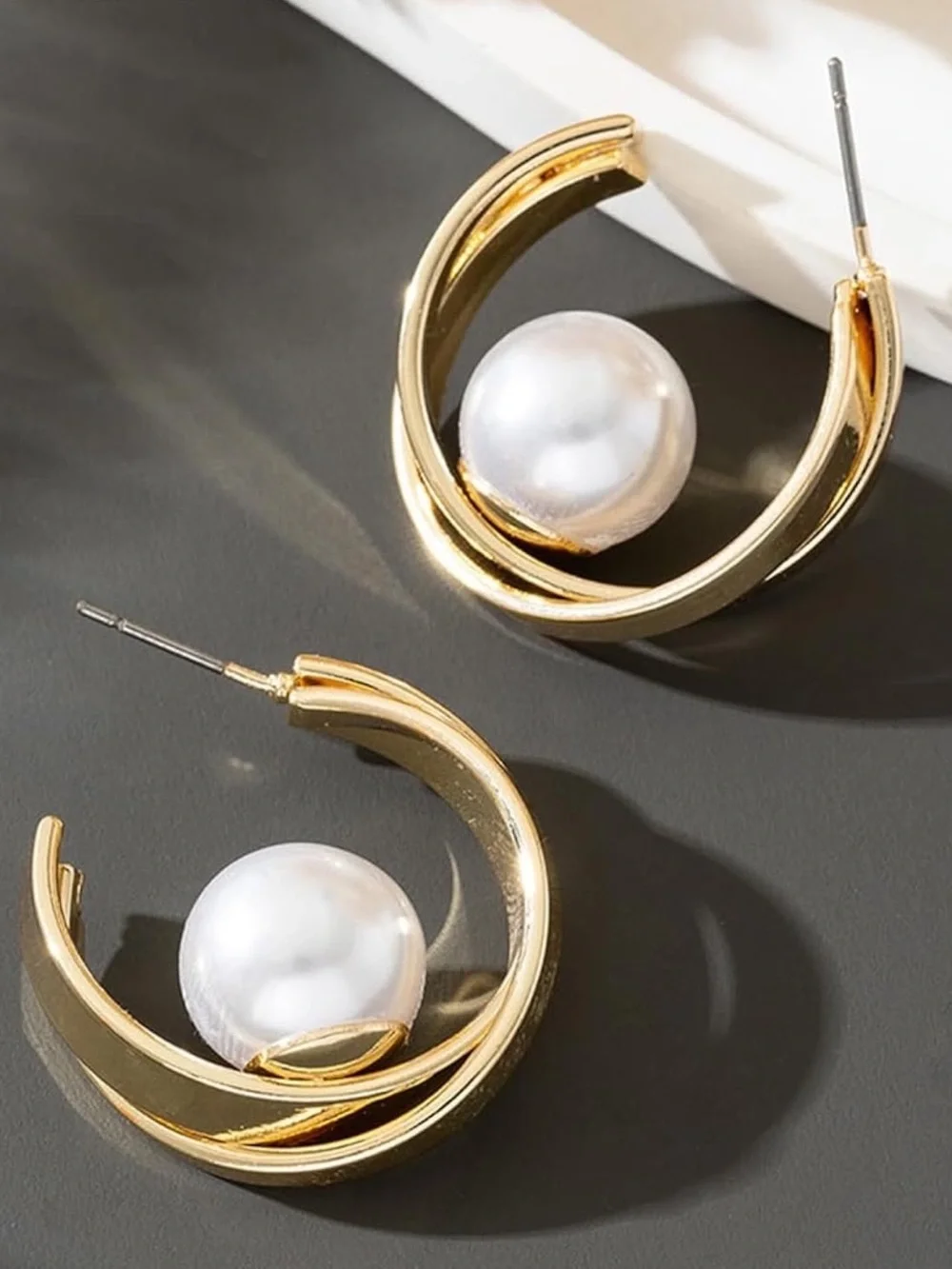 Anthropologie Gold Tone Hoop Earrings with White Pearl Accent